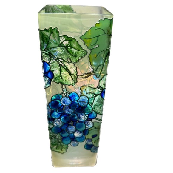 Hand Painted Grapes Vines Leaves Stained Glass Vase Joan Baker Designs 10" Tall - Picture 13 of 15